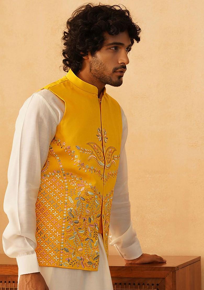 Yellow Embroidered Poly Blend Nehru Jacket For Men