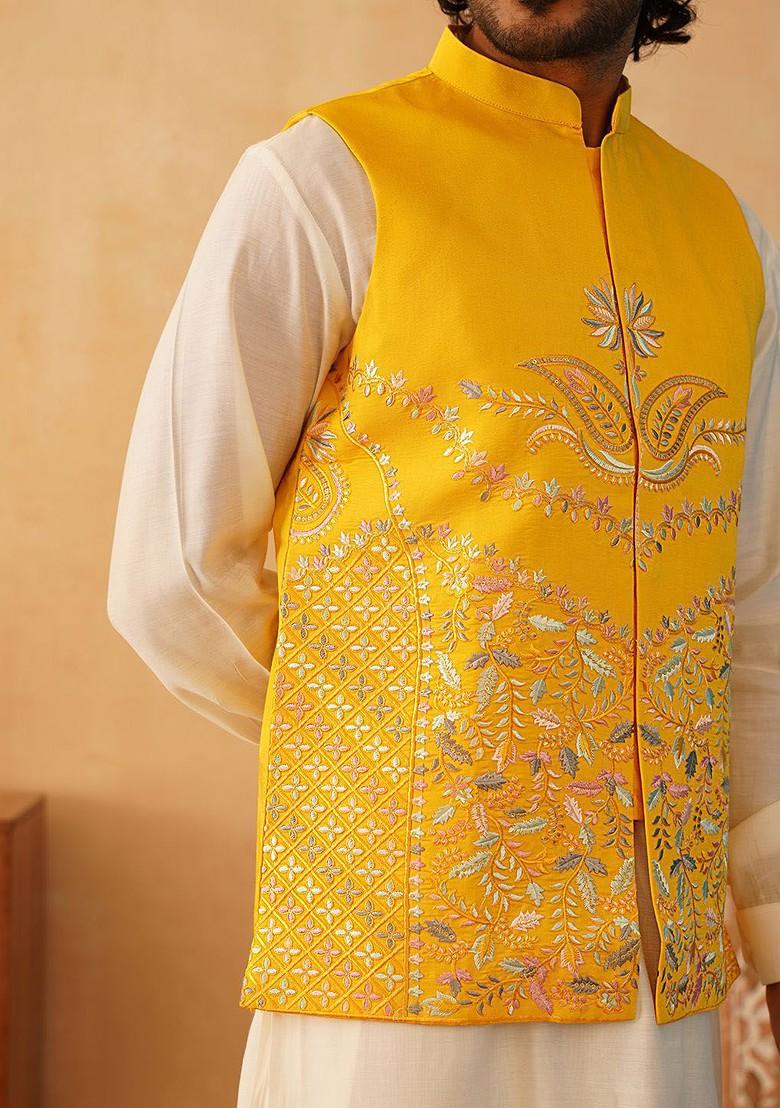 Yellow Embroidered Poly Blend Nehru Jacket For Men