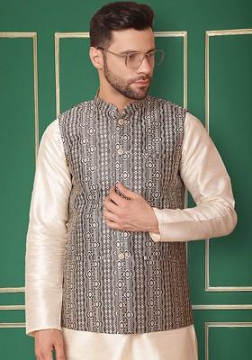 Black Woven Design Poly Blend Nehru Jacket For Men