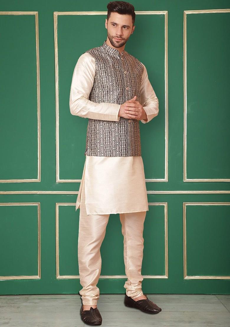 Black Woven Design Poly Blend Nehru Jacket For Men