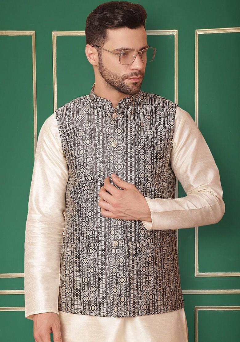 Black Woven Design Poly Blend Nehru Jacket For Men