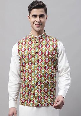 Olive Printed Poly Blend Nehru Jacket For Men