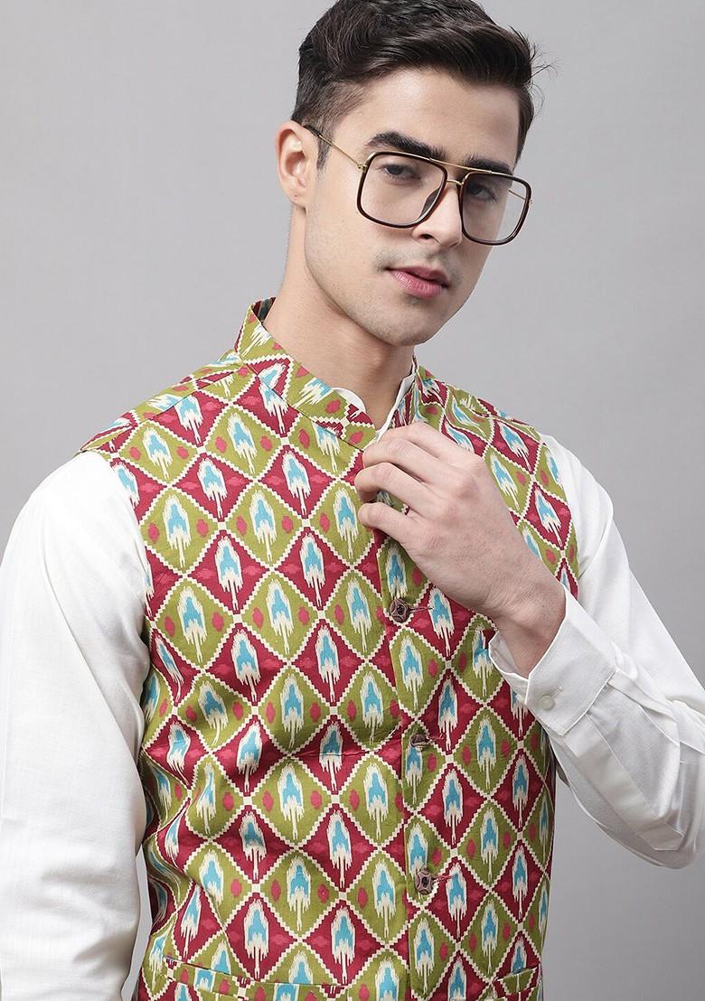 Olive Printed Poly Blend Nehru Jacket For Men