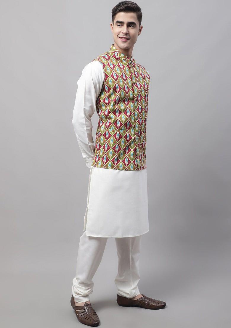 Olive Printed Poly Blend Nehru Jacket For Men