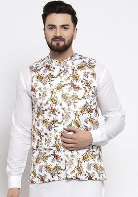 White Printed Poly Blend Nehru Jacket For Men