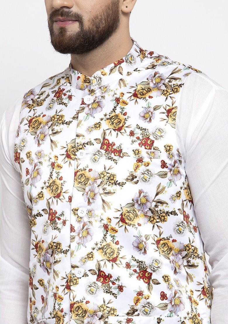 White Printed Poly Blend Nehru Jacket For Men