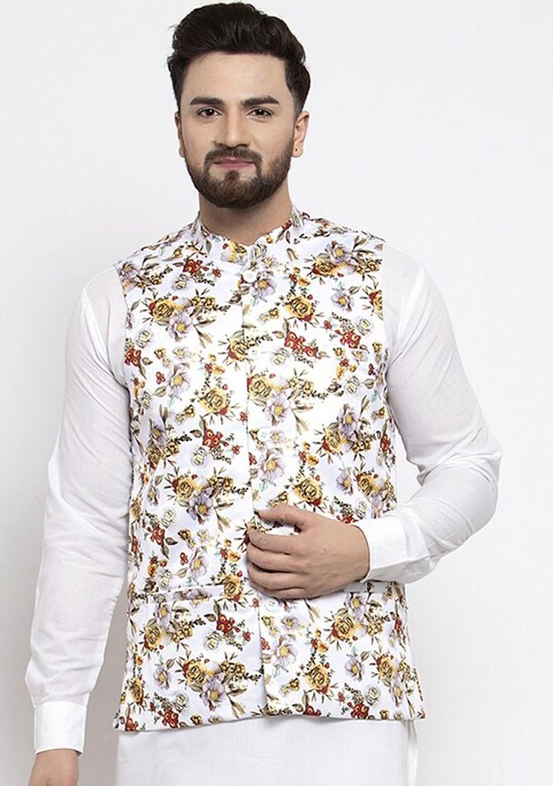 White Printed Poly Blend Nehru Jacket For Men
