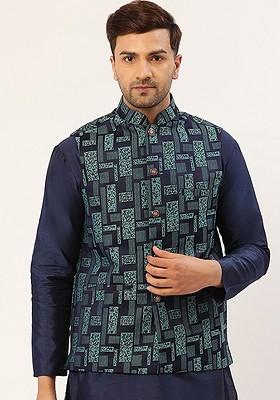 Navy Blue Woven Design Poly Blend Nehru Jacket For Men