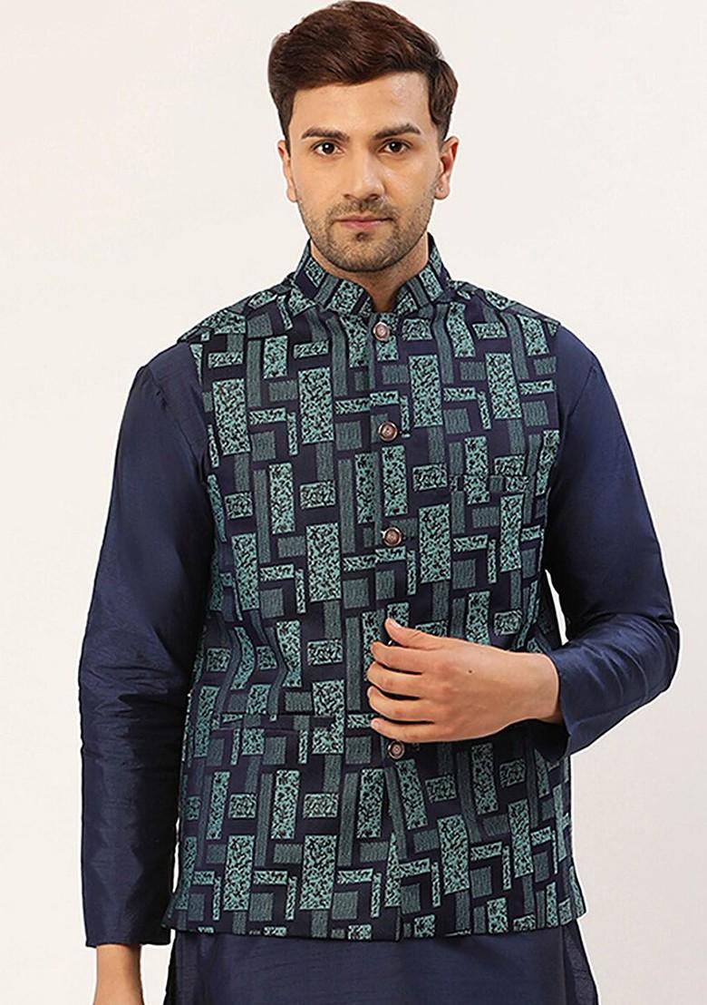 Navy Blue Woven Design Poly Blend Nehru Jacket For Men