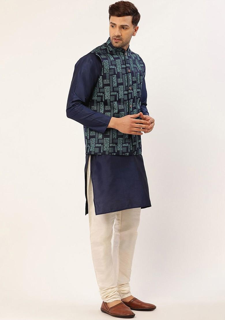 Navy Blue Woven Design Poly Blend Nehru Jacket For Men