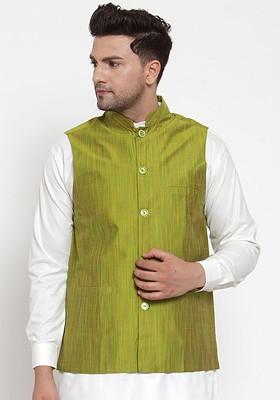 Green Woven Design Poly Blend Nehru Jacket For Men