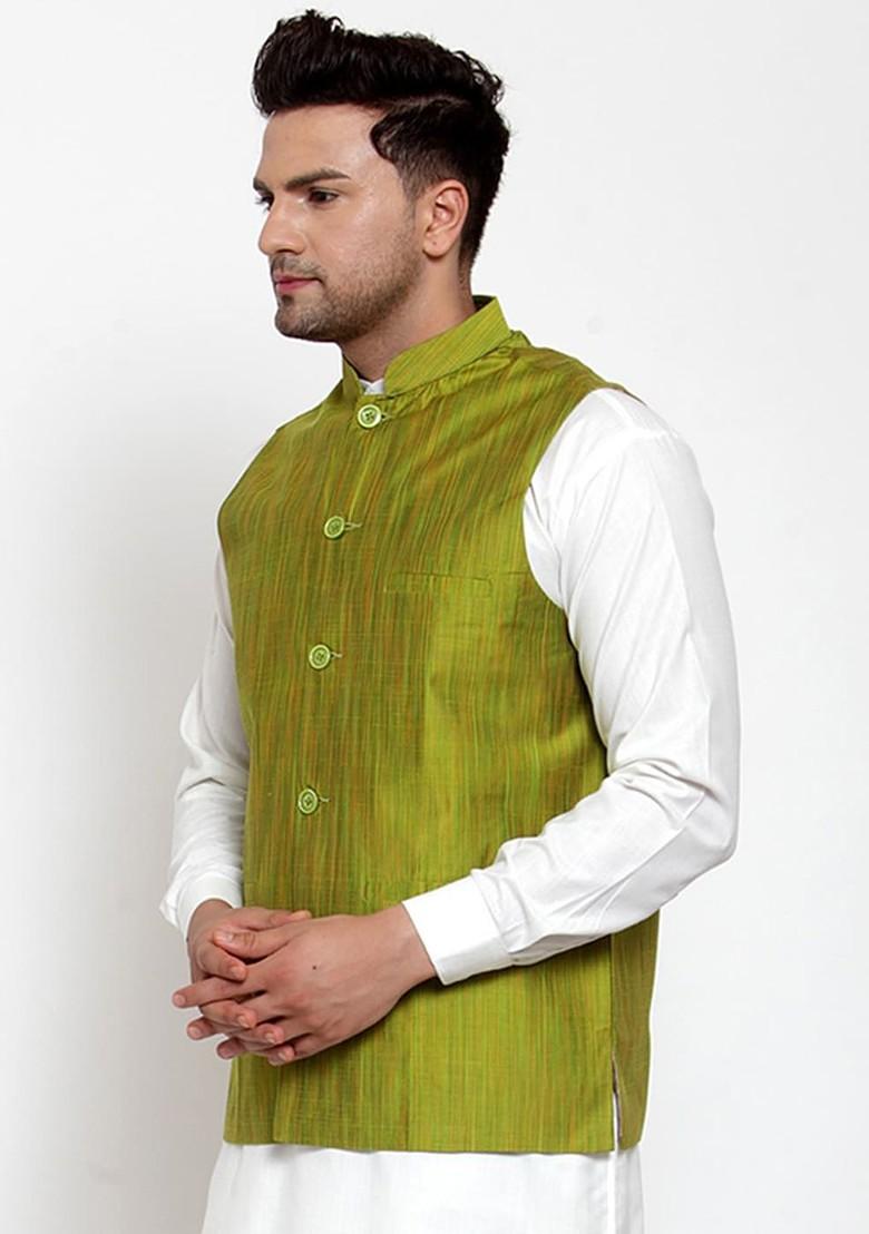 Green Woven Design Poly Blend Nehru Jacket For Men