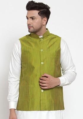 Green Woven Design Poly Blend Nehru Jacket For Men