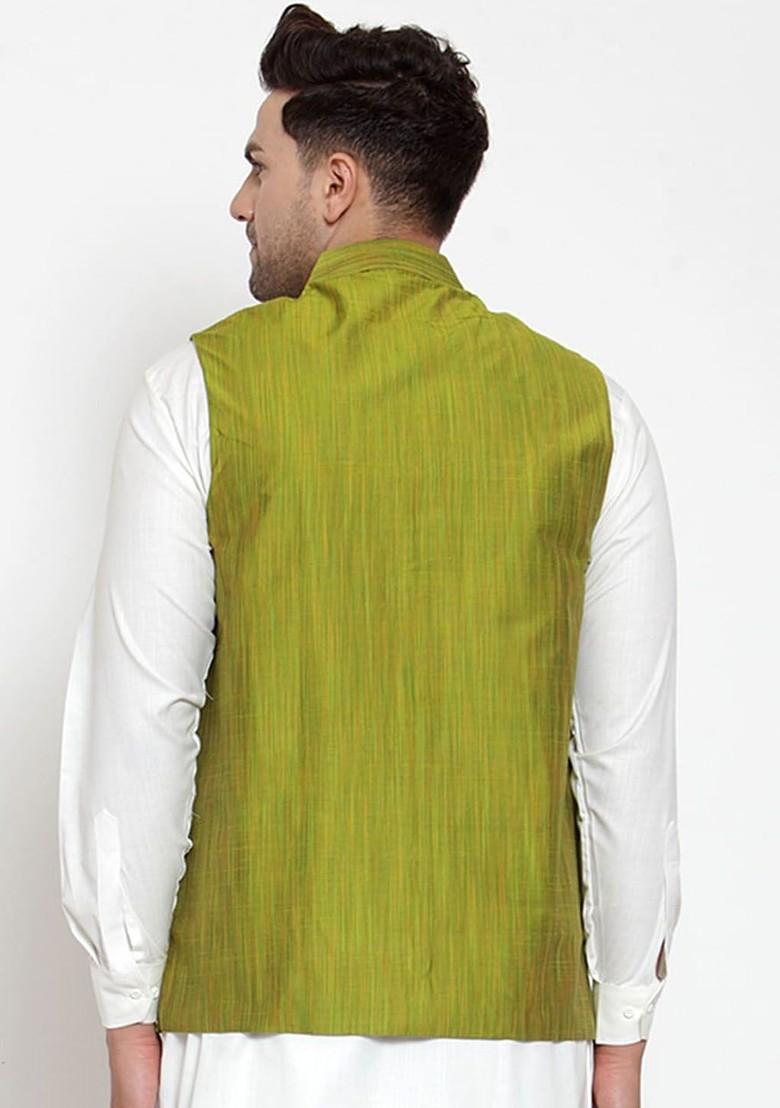 Green Woven Design Poly Blend Nehru Jacket For Men