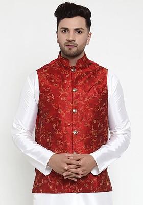 Maroon Embroidered Poly Blend Nehru Jacket For Men