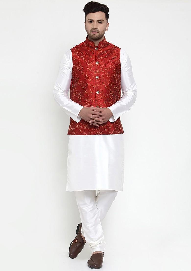Maroon Embroidered Poly Blend Nehru Jacket For Men