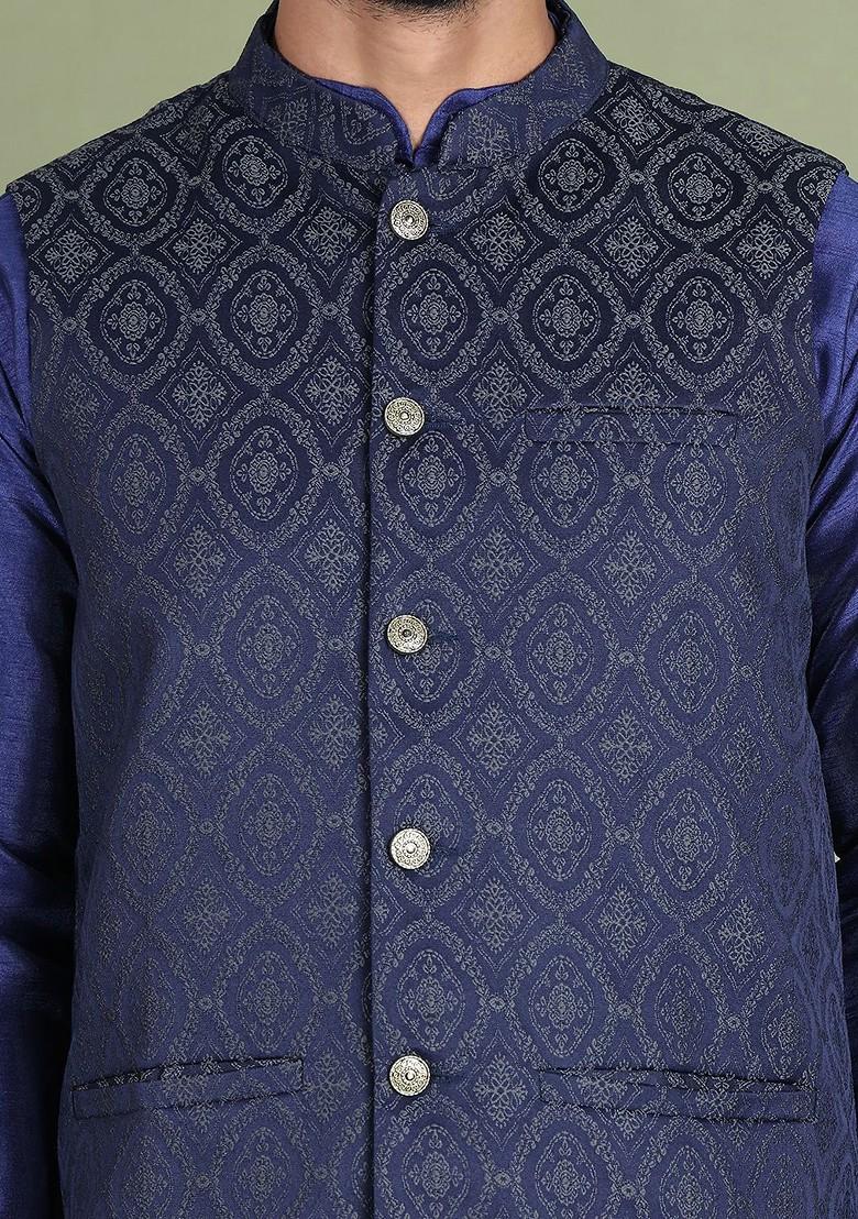 Navy Blue Woven Design Poly Blend Nehru Jacket For Men