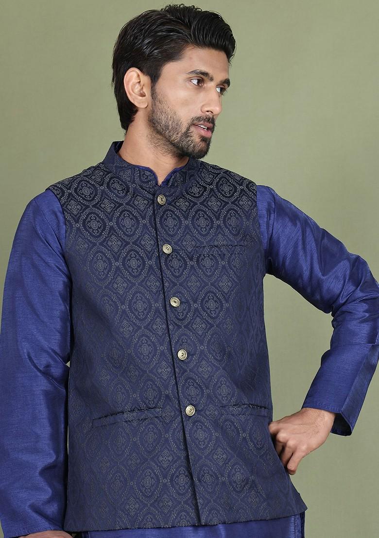 Navy Blue Woven Design Poly Blend Nehru Jacket For Men