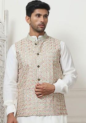 Green Embroidered Poly Blend Nehru Jacket For Men