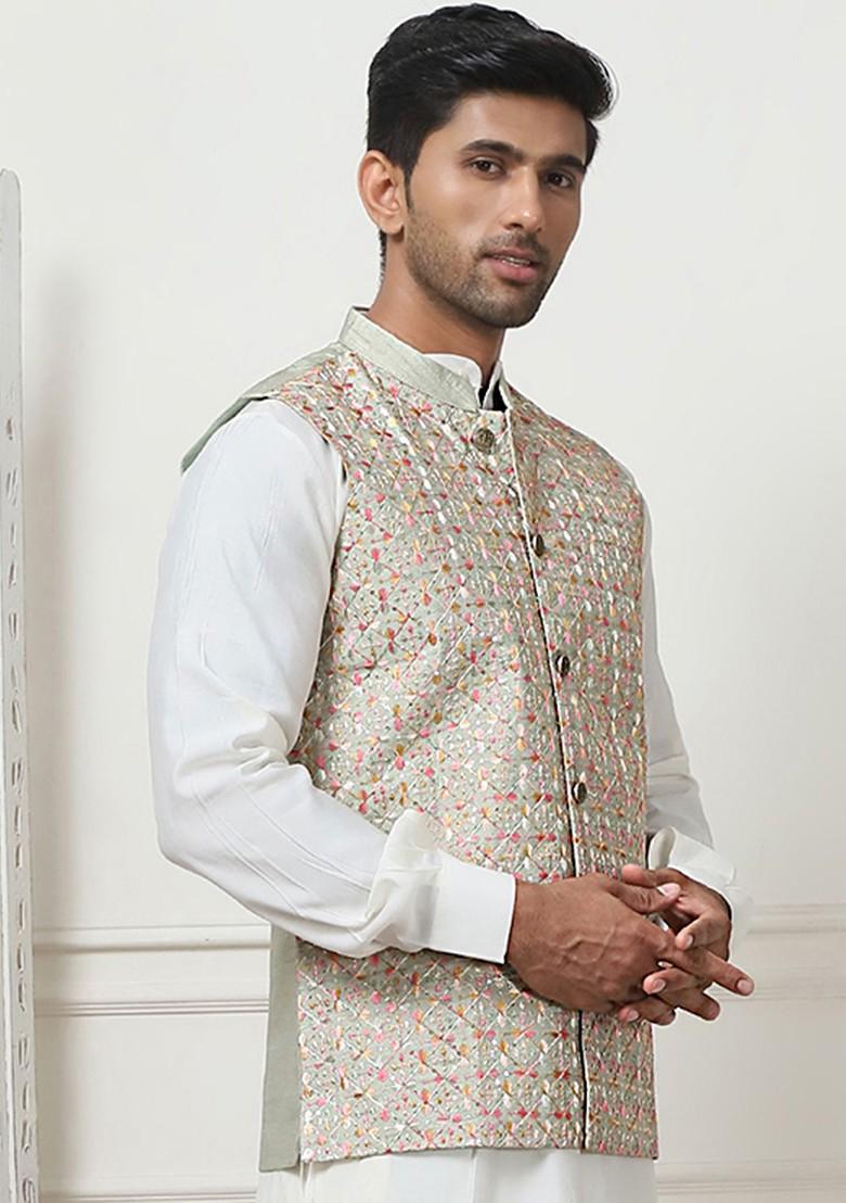 Green Embroidered Poly Blend Nehru Jacket For Men