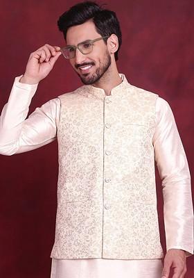 Cream Woven Design Poly Blend Nehru Jacket For Men