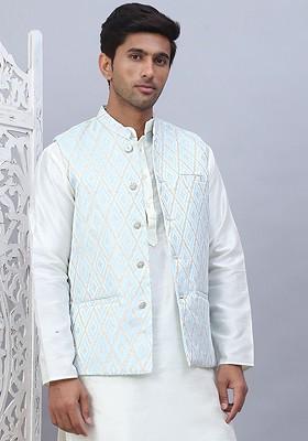 Turquoise Blue Embellished Poly Blend Nehru Jacket For Men