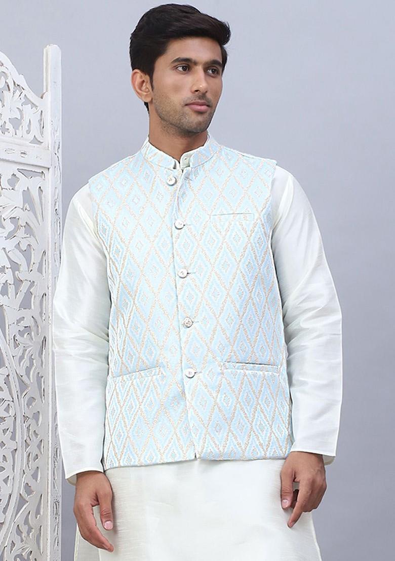 Turquoise Blue Embellished Poly Blend Nehru Jacket For Men