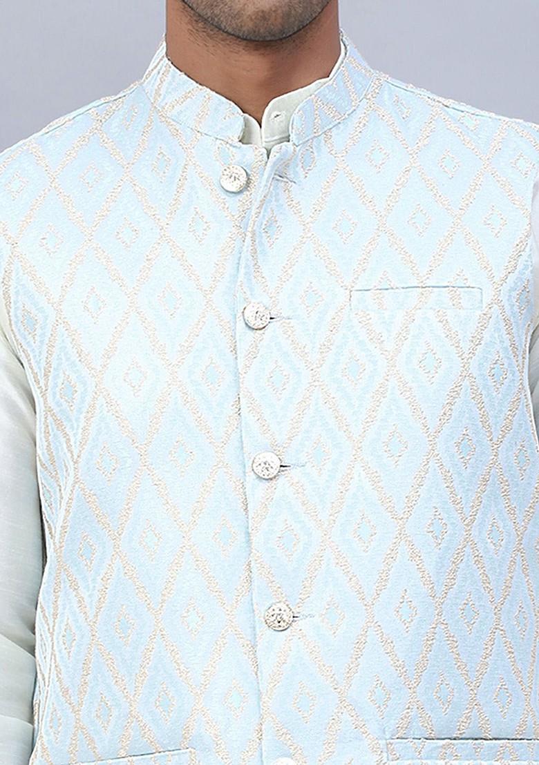 Turquoise Blue Embellished Poly Blend Nehru Jacket For Men