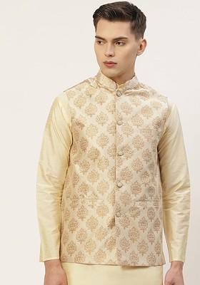Cream Printed Poly Blend Nehru Jacket For Men