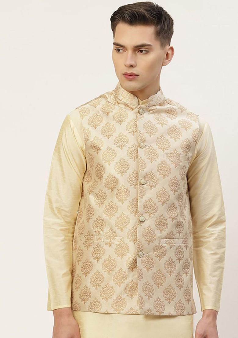 Cream Printed Poly Blend Nehru Jacket For Men