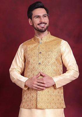 Mustard Yellow Woven Design Poly Blend Nehru Jacket For Men