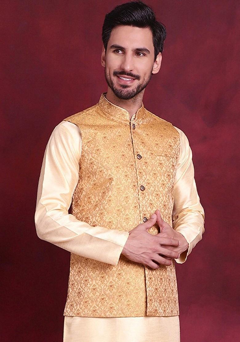 Mustard Yellow Woven Design Poly Blend Nehru Jacket For Men