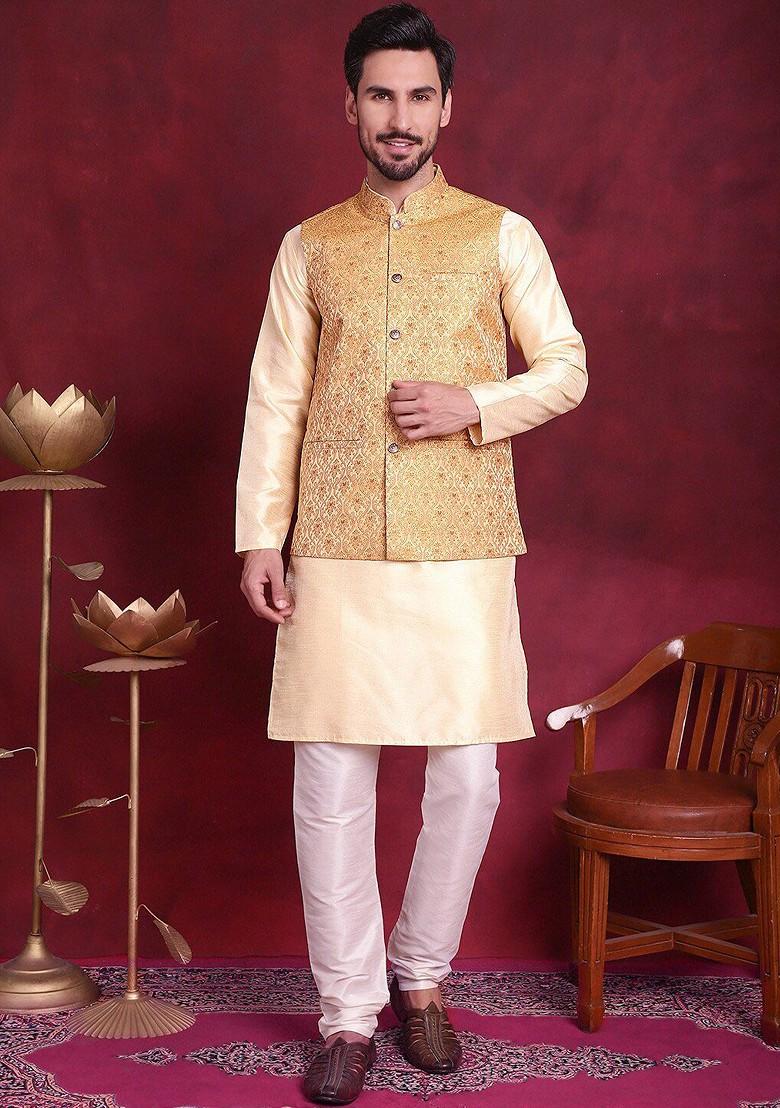 Mustard Yellow Woven Design Poly Blend Nehru Jacket For Men