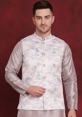 Peach Printed Poly Blend Nehru Jacket For Men