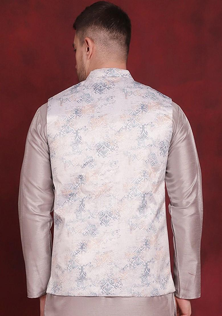 Peach Printed Poly Blend Nehru Jacket For Men