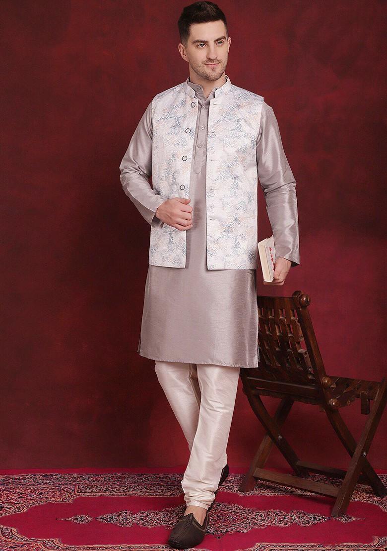 Peach Printed Poly Blend Nehru Jacket For Men