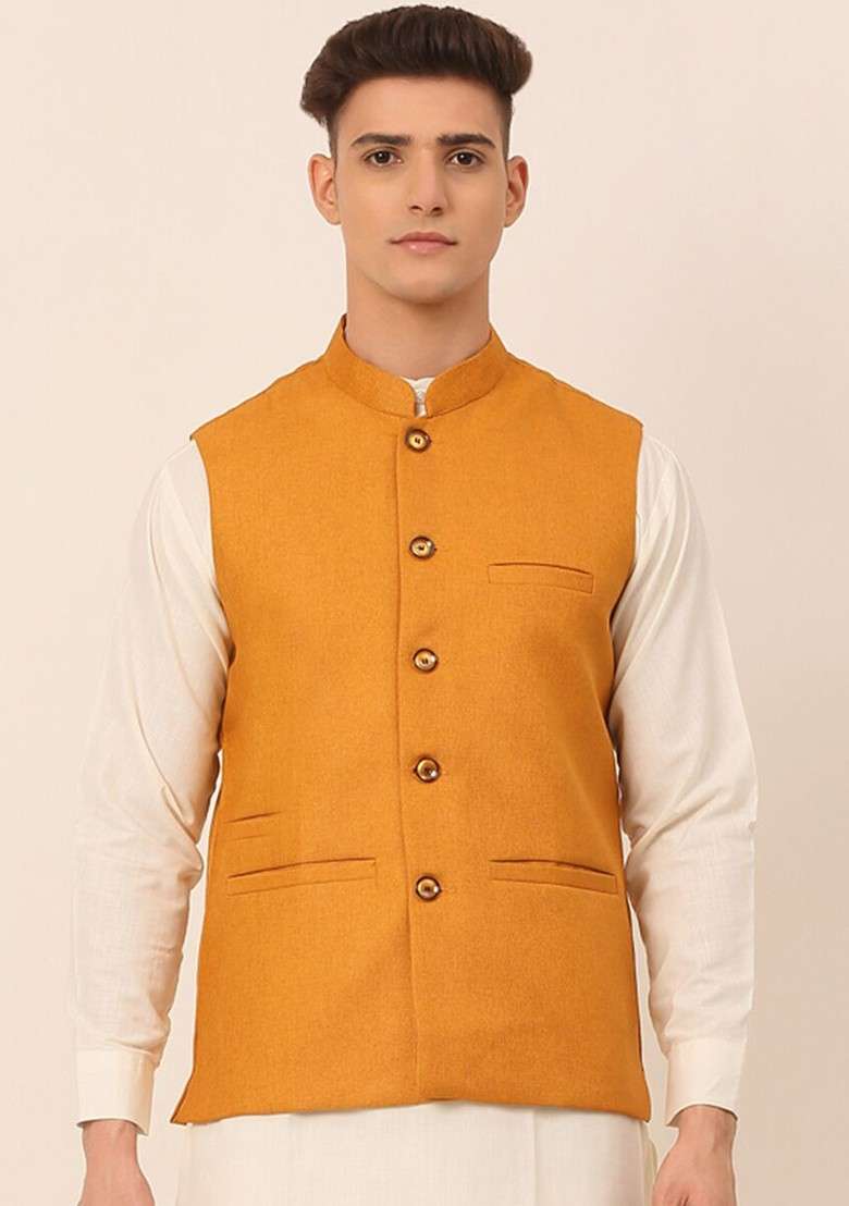Mustard Yellow Woven Design Poly Blend Nehru Jacket For Men - Indya