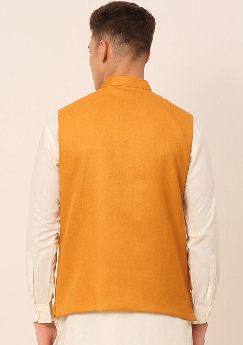 Mustard Yellow Woven Design Poly Blend Nehru Jacket For Men