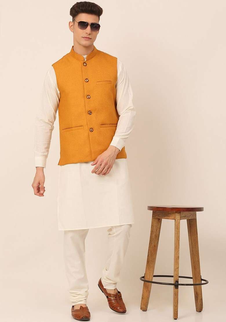Mustard Yellow Woven Design Poly Blend Nehru Jacket For Men - Indya