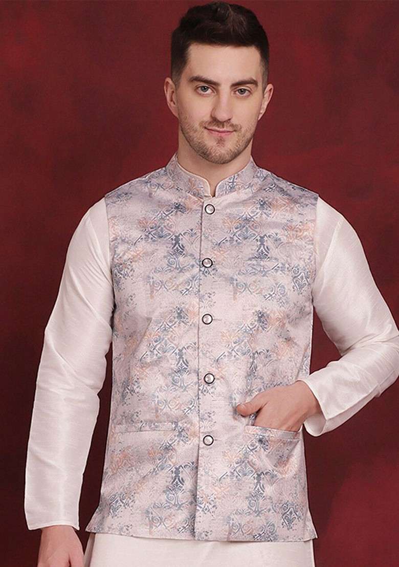 Silver Printed Poly Blend Nehru Jacket For Men - Indya