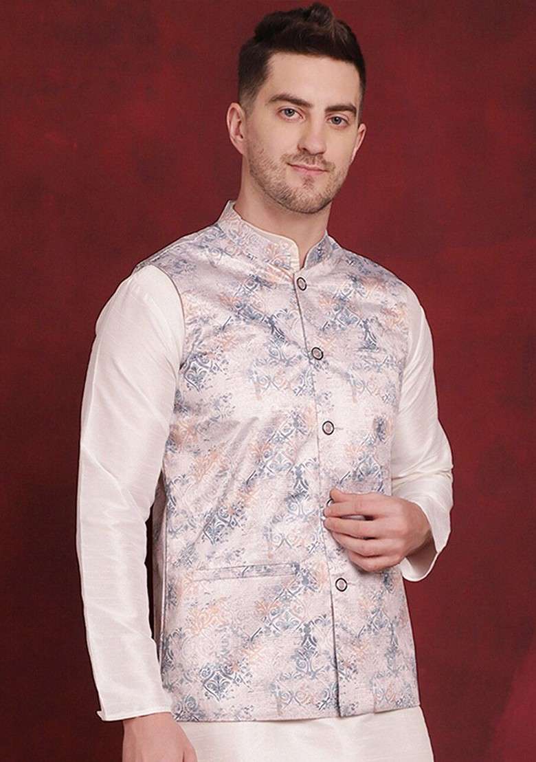 Silver Printed Poly Blend Nehru Jacket For Men - Indya
