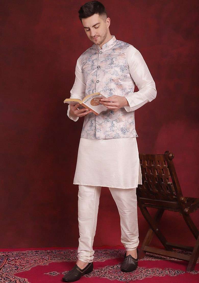 Silver Printed Poly Blend Nehru Jacket For Men - Indya