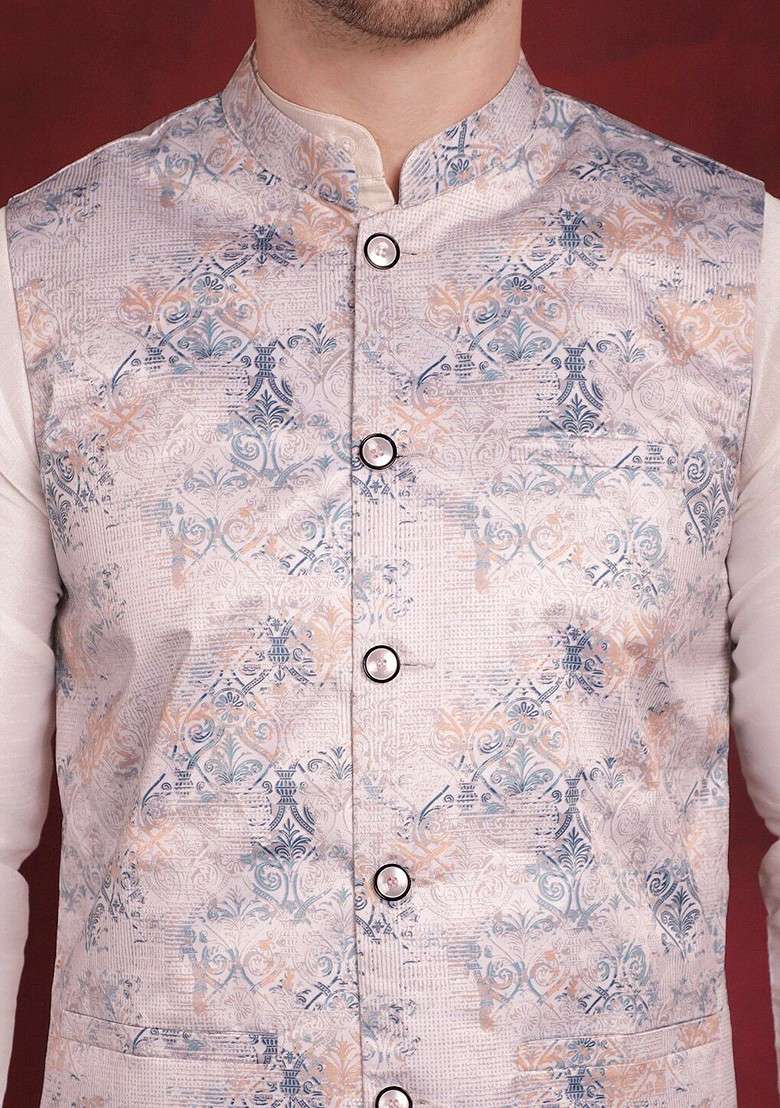 Silver Printed Poly Blend Nehru Jacket For Men - Indya