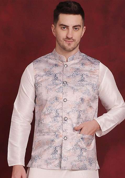 Silver Printed Poly Blend Nehru Jacket For Men