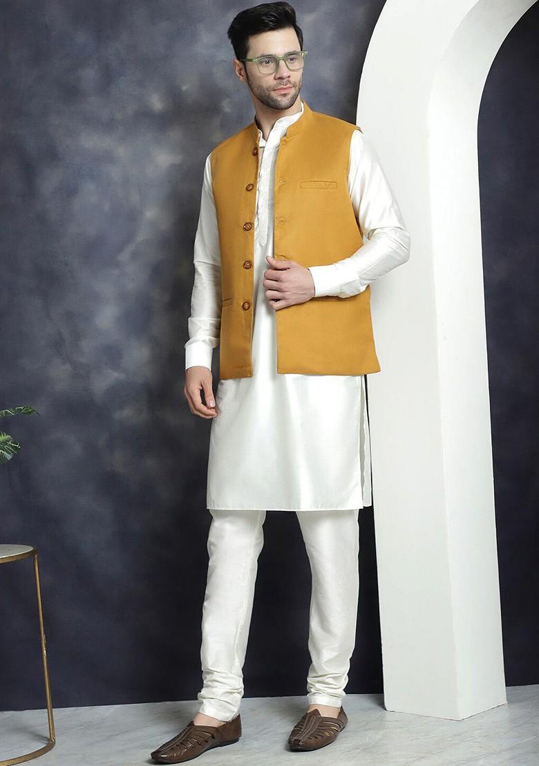 Mustard Yellow Embroidered Poly Blend Nehru Jacket For Men