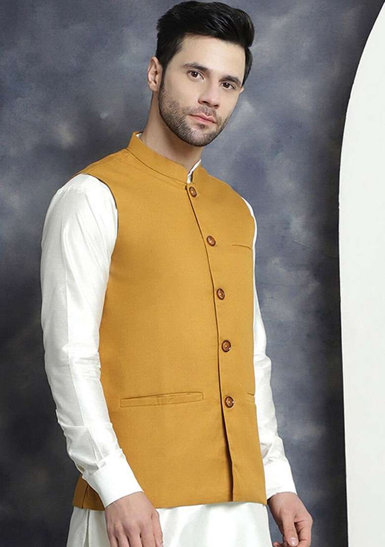Mustard Yellow Embroidered Poly Blend Nehru Jacket For Men - Indya