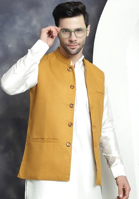 Mustard Yellow Embroidered Poly Blend Nehru Jacket For Men — view on Indya