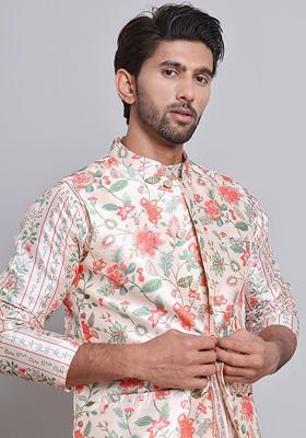 Beige Printed Poly Blend Nehru Jacket For Men