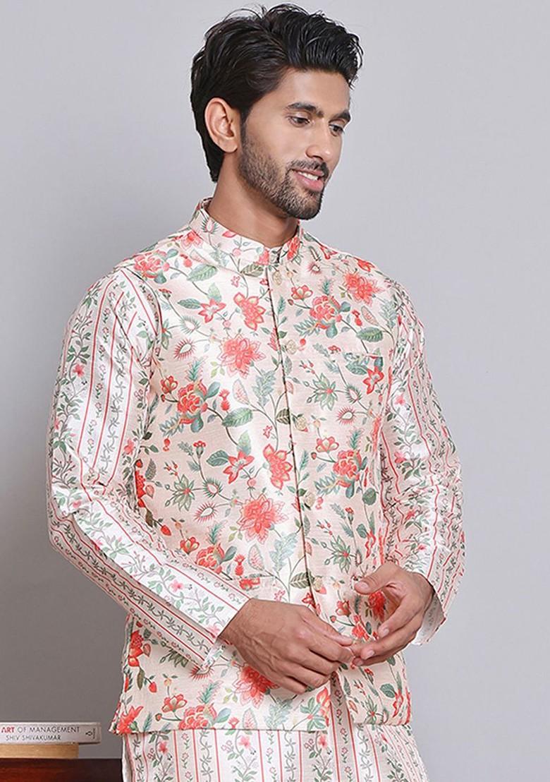 Beige Printed Poly Blend Nehru Jacket For Men
