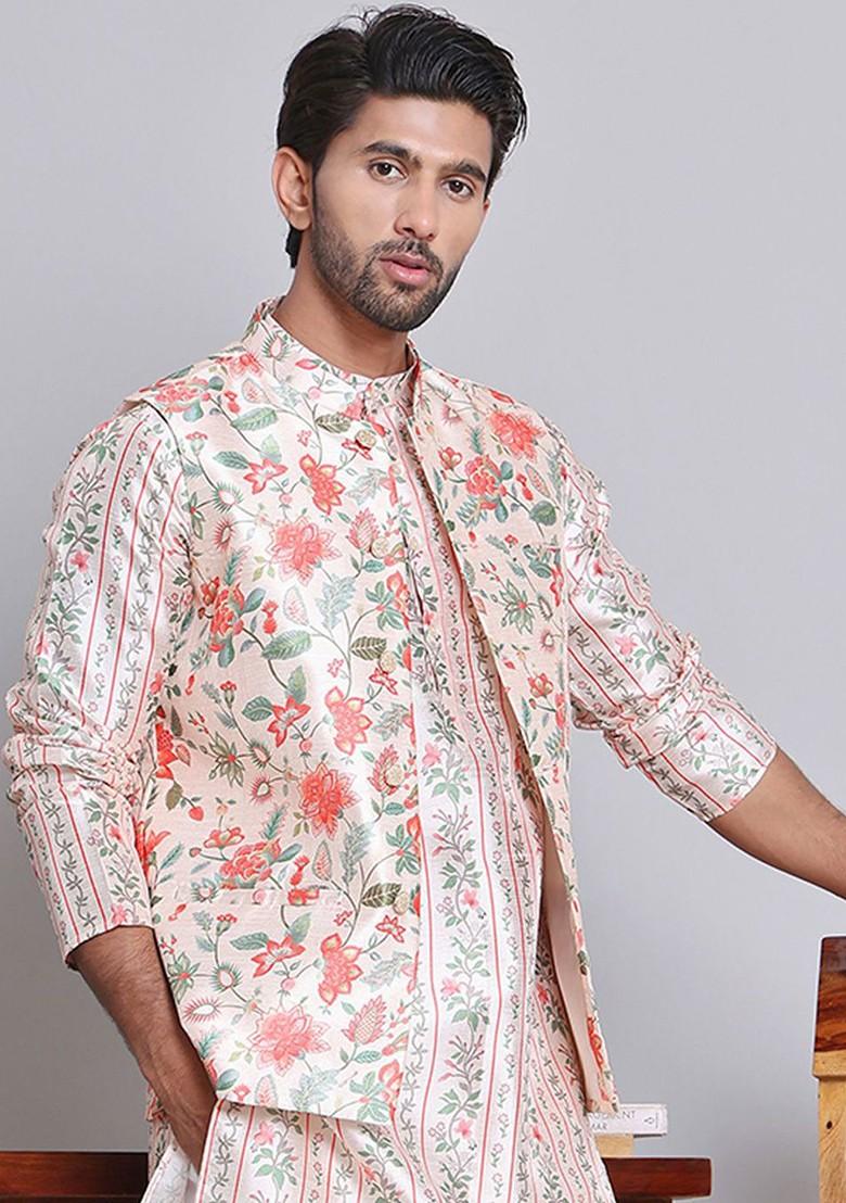 Beige Printed Poly Blend Nehru Jacket For Men